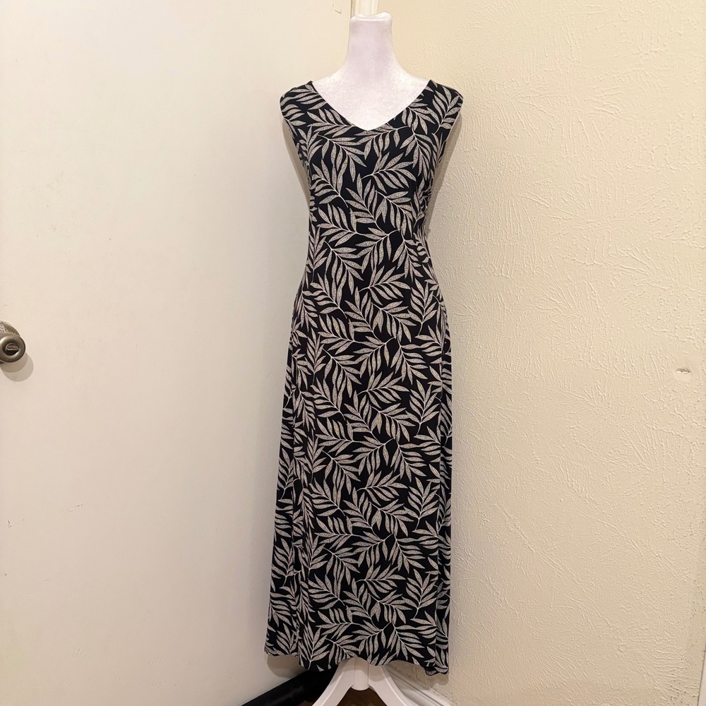 J. Jill Wearever Black White Leaf Print Maxi Dress Sleeveless V-Neck